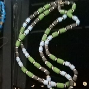 Green and Light Blue Beaded Necklace with Silver Accents - Women Jewelry